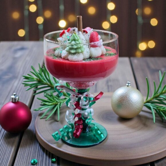 Holiday Candle ✦ Mistletoe & Cinnamon ✦ Soy Wax in XL Wine Glass w/ Green Stem - Picture 1 of 11